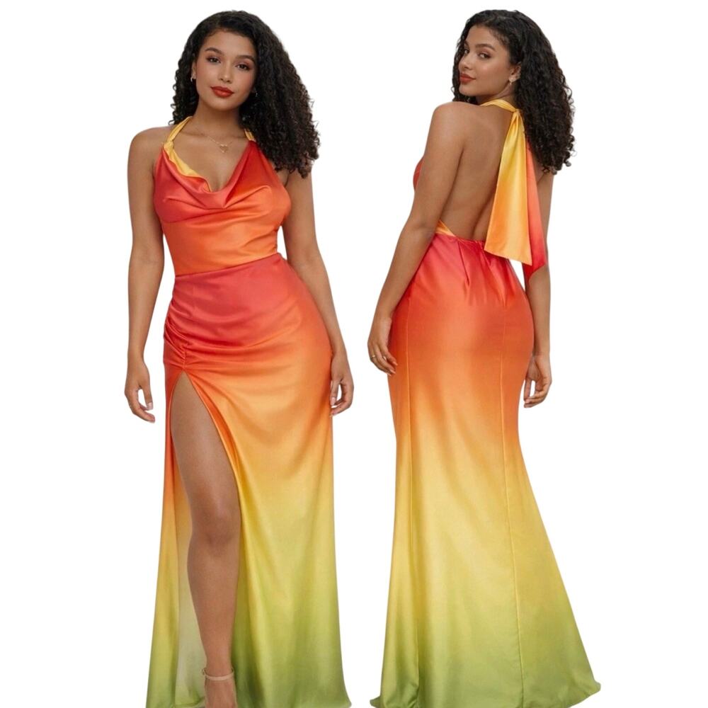 Lilly’s Kloset Ombre Cowl Neck Halter Maxi Dress Size M Medium NWT Multicolor